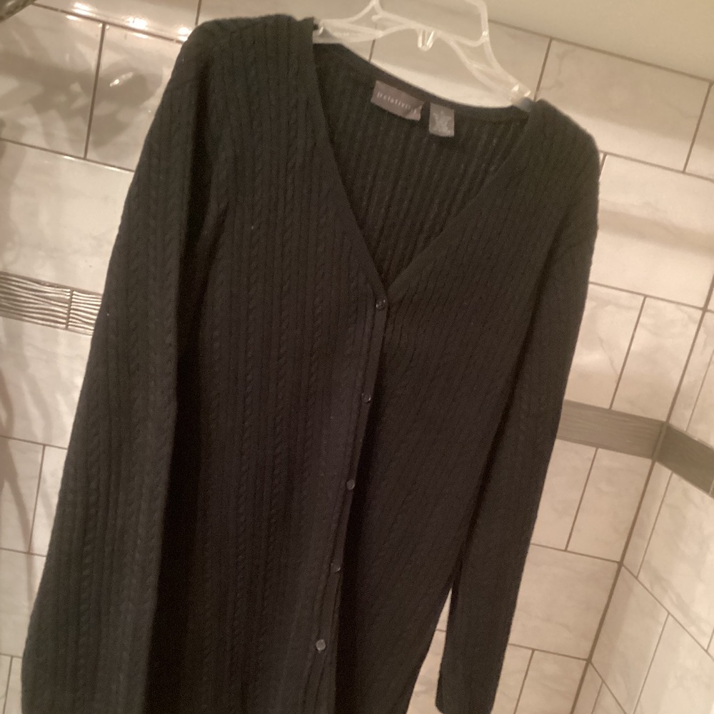 Women Ladies Sweater-Set black cable knit, Relativity. Shell Lg & cardigan XL